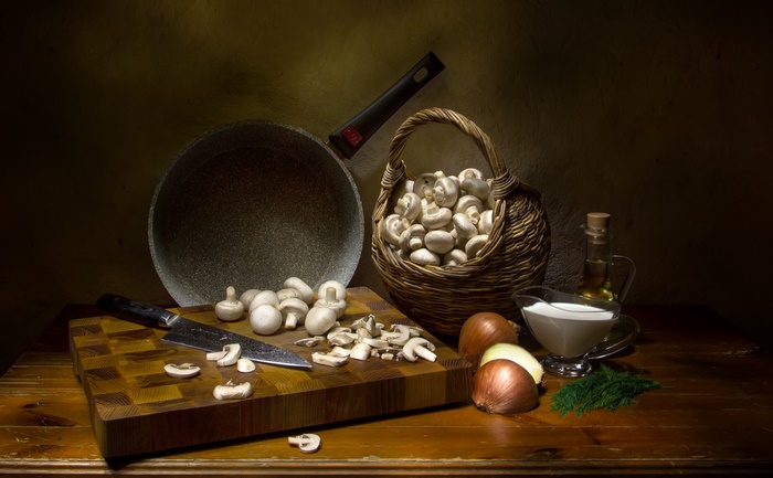 Still Life: Mushrooms, Pan, and Cooking Ingredients