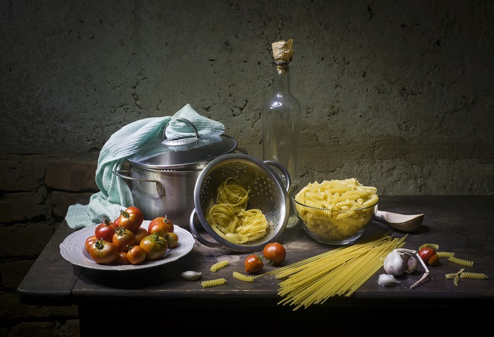 Still Life with Tomatoes and Pasta Ingredients
