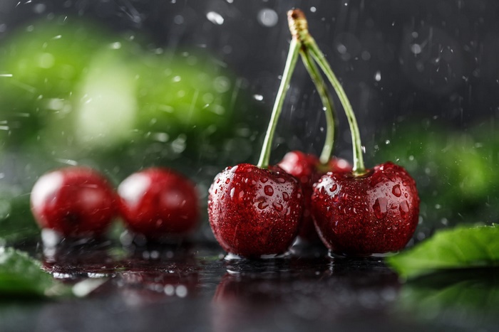 Fresh Red Cherries with Water Drops