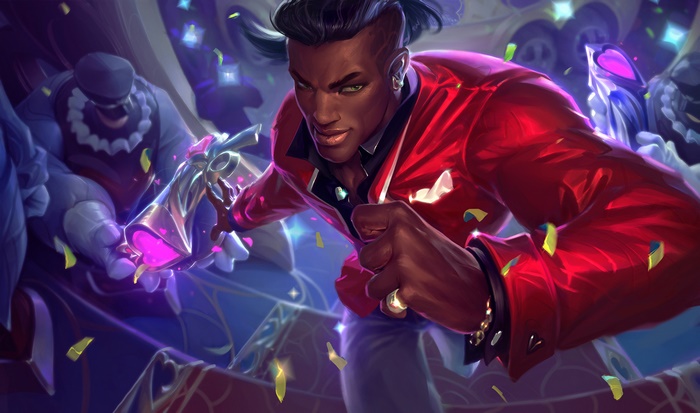 Lucian League of Legends in Red Suit with Confetti