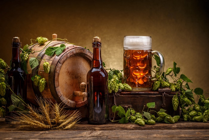 Beer, Barrel, Bottles, Hops, and Wheat Still Life