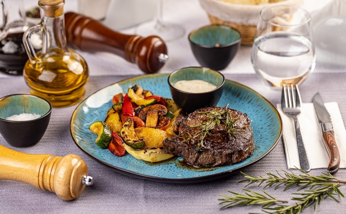Grilled Steak with Vegetables and Rosemary Still Life