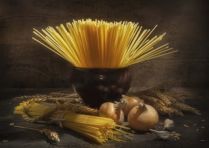 Still Life with Spaghetti, Onions, and Wheat