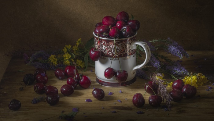 Cherries in a Decorative Mug Still Life
