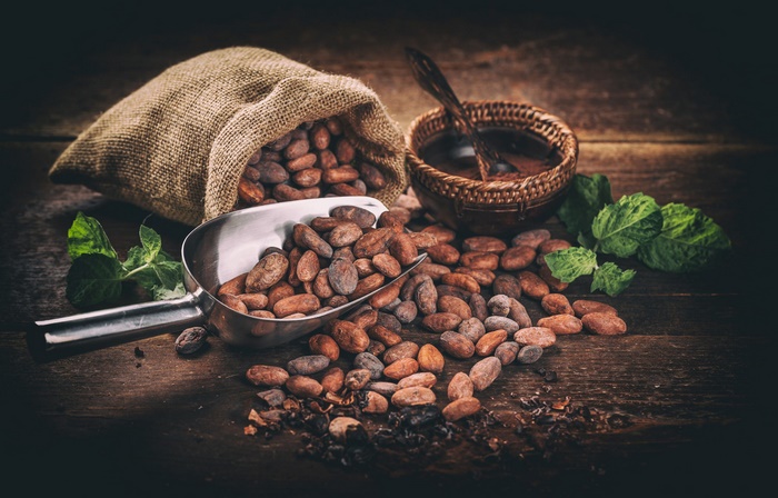 Cocoa Beans and Chocolate Powder on Rustic Wood