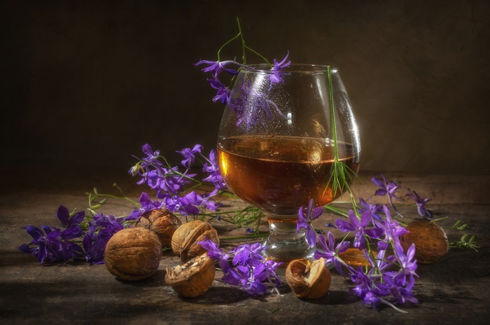 Still Life with Brandy, Walnuts, and Purple Flowers