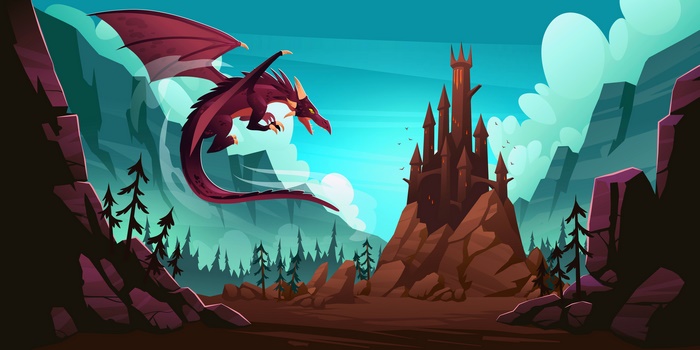 Fantasy Dragon Flying Over Castle