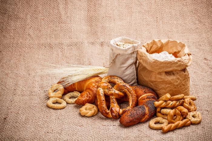 Baking ingredients and Viennoiserie pastries still life