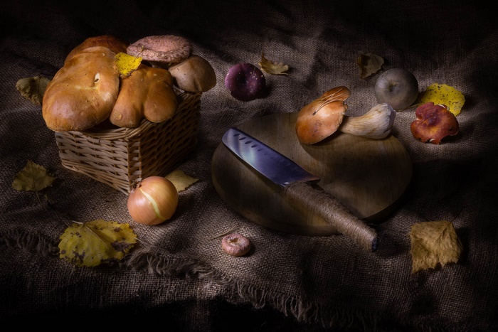 Rustic Still Life with Mushrooms and Onion