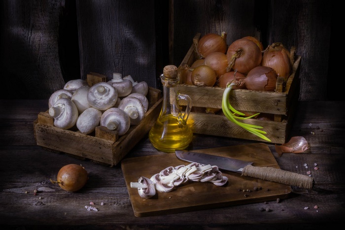 Rustic Still Life: Mushrooms, Onions, and Olive Oil