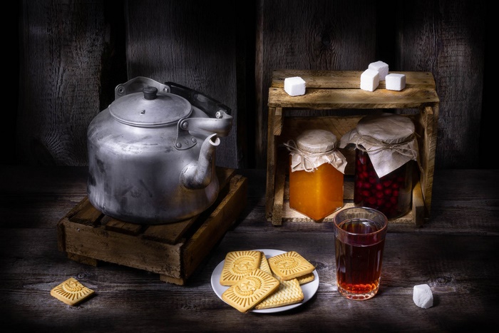 Still Life: Teapot, Jars, Tea, and Biscuits