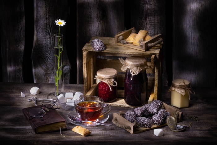 Rustic Tea Time Still Life with Jam and Sweets
