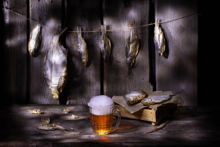 Rustic Still Life with Beer and Dried Fish