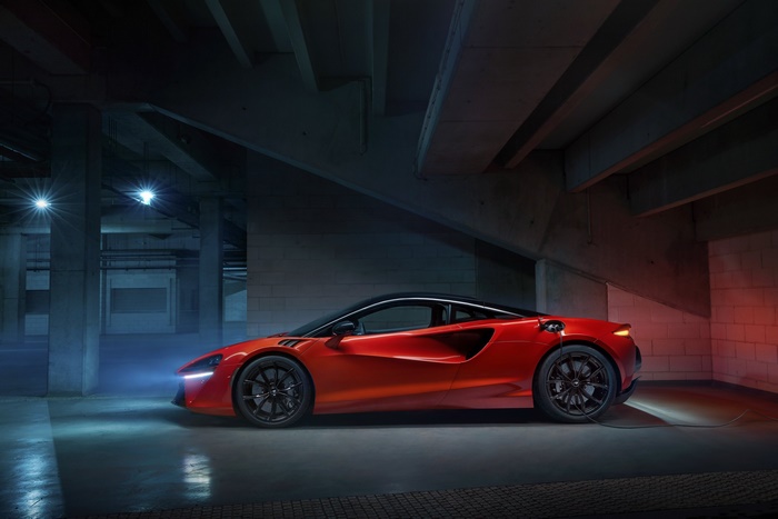 McLaren Artura Electric Supercar Charging in Dark Garage