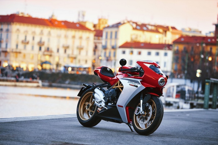 MV Agusta Superveloce 800 Motorcycle in City at Sunset