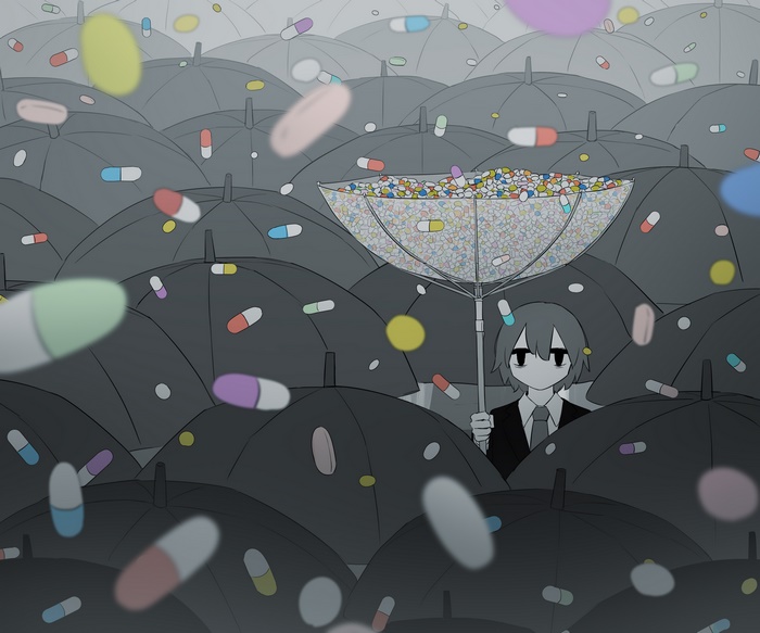 Girl with umbrella in a rain of drugs