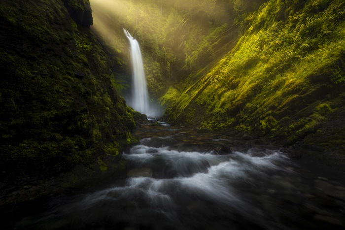 Sunlit Waterfall in a Lush Green Canyon