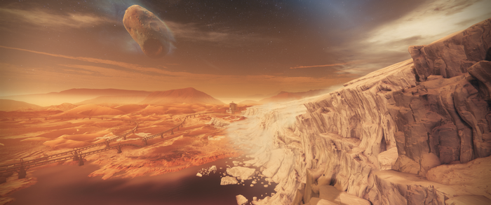 Destiny 2 Mars Glacial Drift: Asteroid over desert and ice