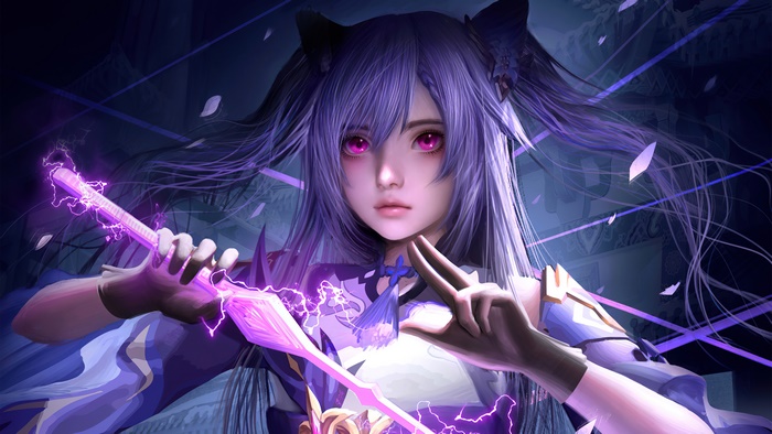 Keqing (Genshin Impact) unleashing electro magic