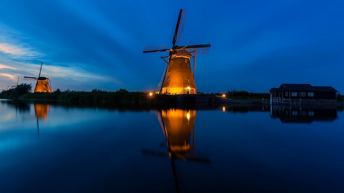 Netherlands Windmills Reflection at Blue Hour