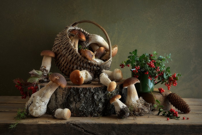 Autumn Still Life with Wild Mushrooms and Berries