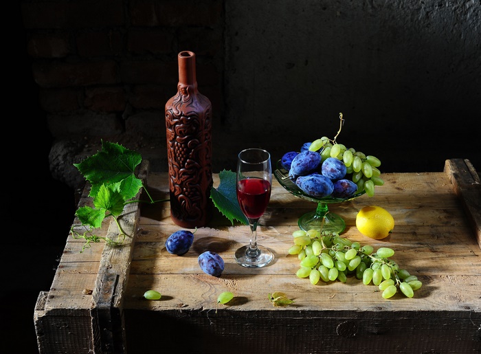 Still Life with Wine, Grapes, and Plums