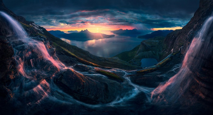 Norway Fjord Sunset with Glowing Waterfalls