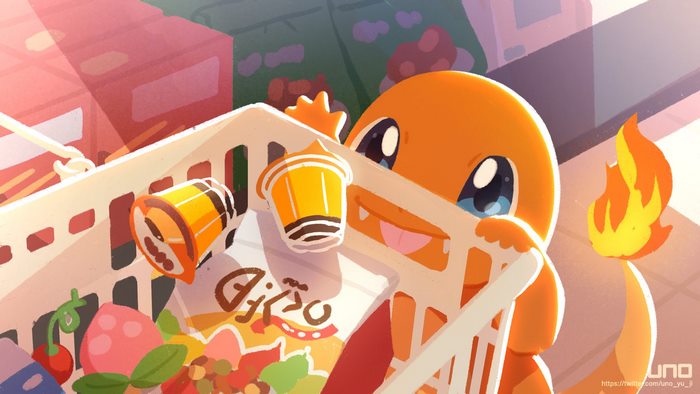 Adorable Charmander peeking from a shopping basket