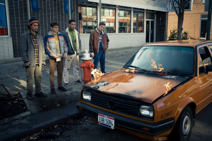 Cherry: Tom Holland and cast look at burning car
