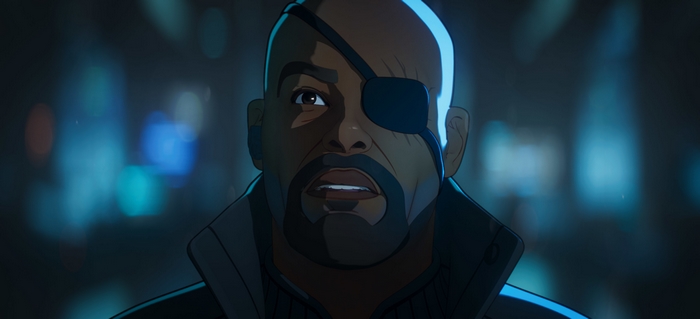 Animated Nick Fury looking concerned in What If...?
