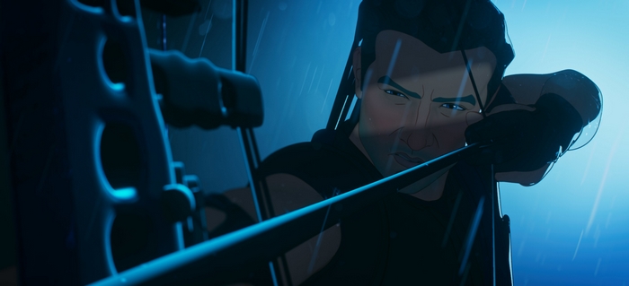 Hawkeye aiming his bow in the rain