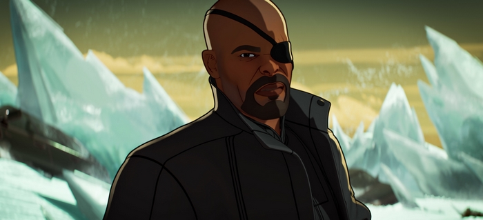 Nick Fury from What If...? in icy landscape