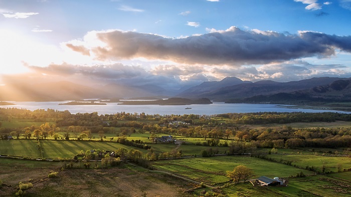 Sun rays over Loch Lomond, Scotland