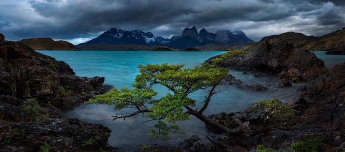 Dramatic skies over turquoise lake, Torres del Paine, Chile