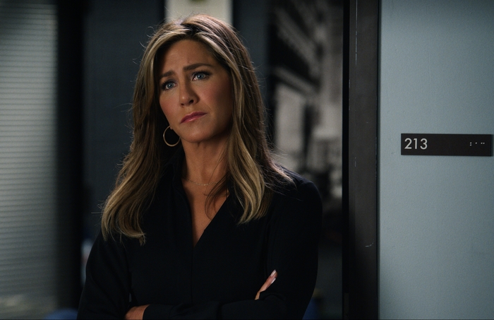 Jennifer Aniston looking thoughtful in The Morning Show