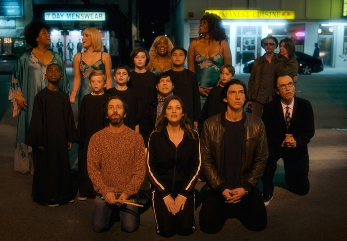 Adam Driver, Marion Cotillard, Simon Helberg and cast looking up