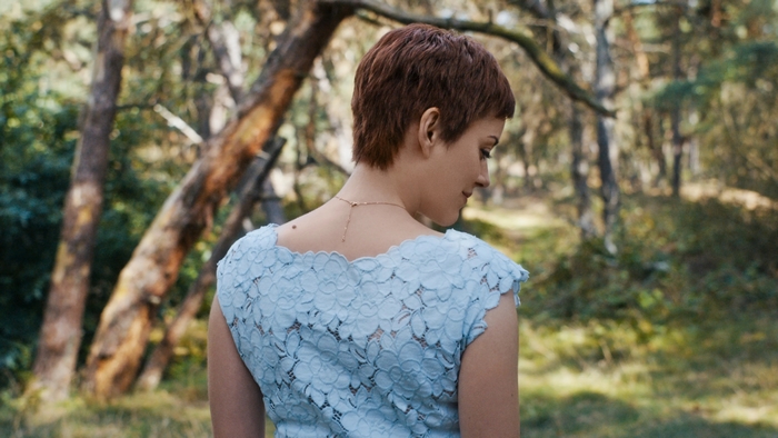 Marion Cotillard in Annette, light blue lace top