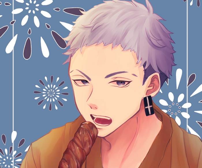 Takashi Mitsuya eating a twisted snack