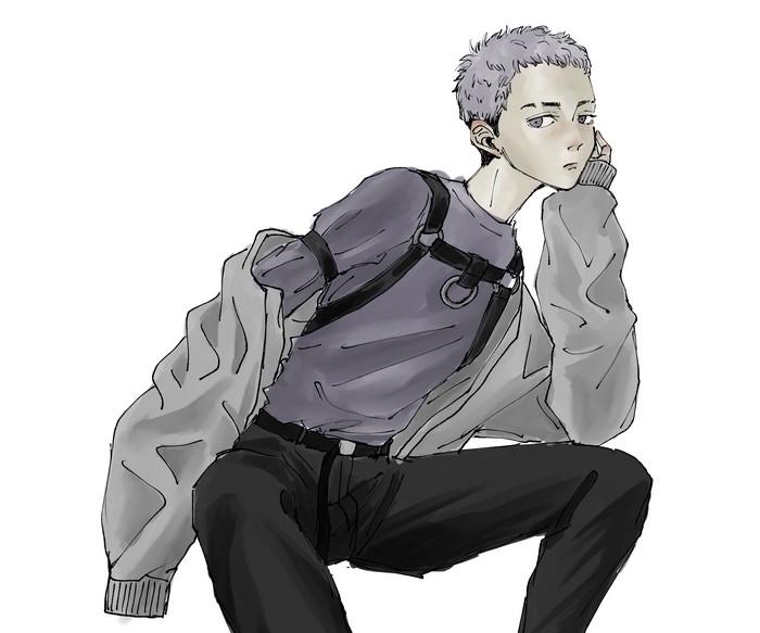 Takashi Mitsuya in purple shirt and harness