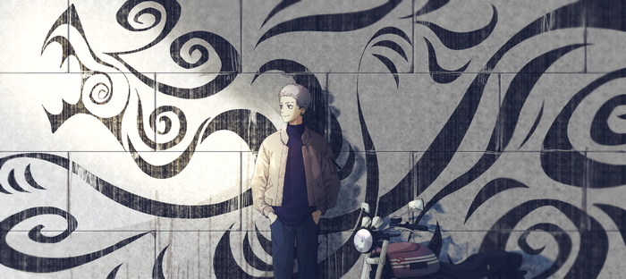 Takashi Mitsuya leaning on a tribal graffiti wall