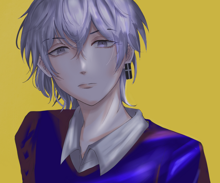 Takashi Mitsuya with cross earring on yellow background