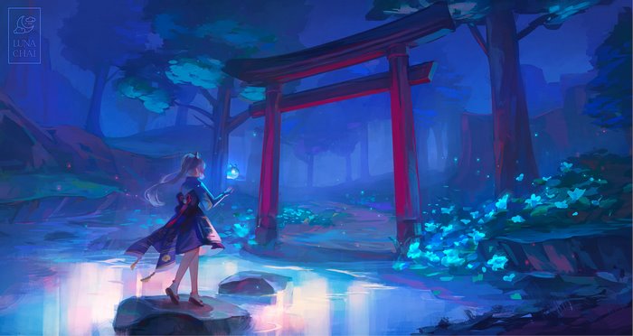 Genshin Impact Kamisato Ayaka in glowing blue forest with torii gate