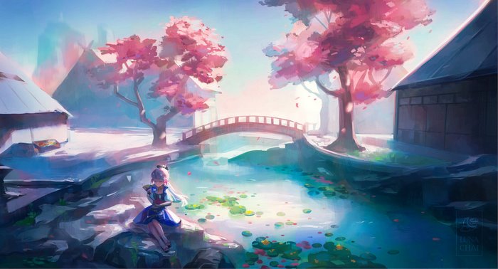 Kamisato Ayaka by a serene cherry blossom river