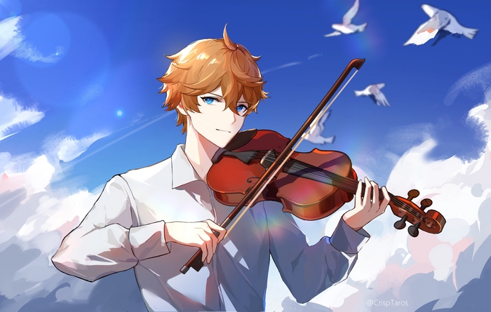 Tartaglia Childe playing violin under blue sky