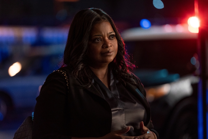 Octavia Spencer in Truth Be Told, concerned expression