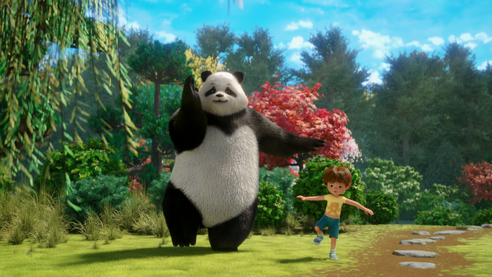 Stillwater the panda and Karl playing outdoors
