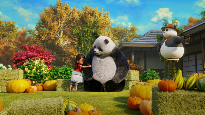 Stillwater: Addy hugs panda in autumn pumpkin patch