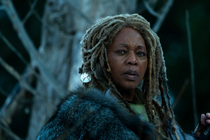 Alfre Woodard with dreadlocks and fur