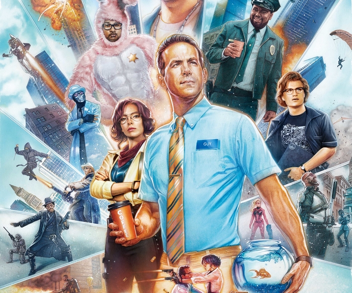 Free Guy movie poster with Ryan Reynolds and cast