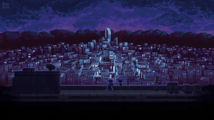 Katana Zero pixel art cityscape at night